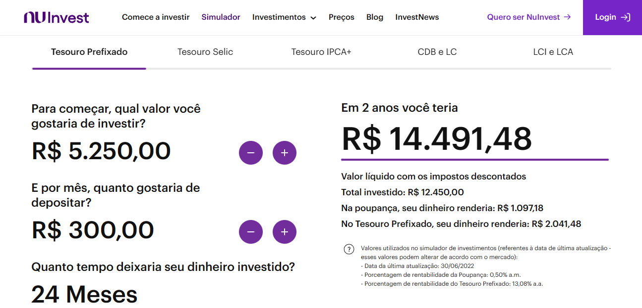 Simulador de investimentos da NuInvest